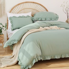 JANZAA Twin Comforter Set Sage Green Comforter Set 2PCS Ruffled and 1 Pillow Case Fluffy Vintage Farmhouse Shabby Chic Bedding Soft All Season