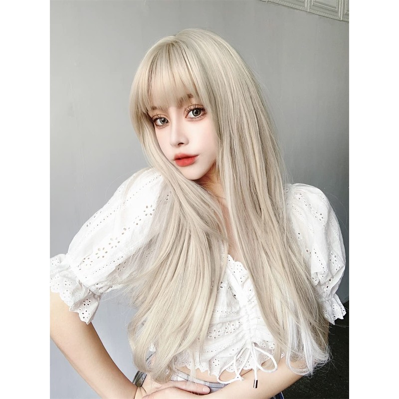 Semi-long, Beige x White Wig, Women's, Wig, Straight, Natural, Harajuku