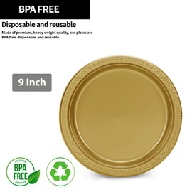 Gold Solid Color Premium Heavy Weight Plastic Dinner Plate (9") 50 Count - Elegant & Durable, Perfect for Parties & Events