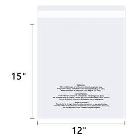 12" x 15" (500 Count) Self Seal Clear Poly Bags with Suffocation Warning for Packaging, T Shirts & FBA - Resealable Adhesive