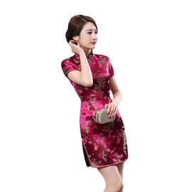 Chinese Style Dress Improves Cheongsam Temperament, Retro Long Silk Printed Daily Banquet Women's Performance Clothing (Purple,Large)