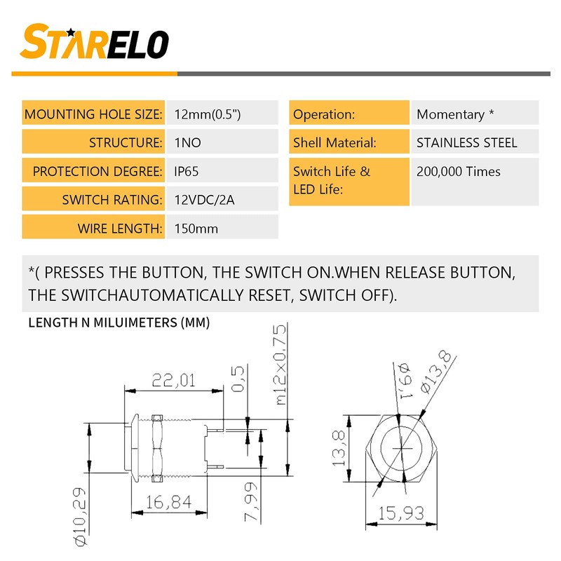 STARELO 5pcs 12mm Momentary Push Button Switch Silver Shell with