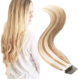 Tape in Human Hair Extensions Highlighted Brown Blonde 20pcs 30g 12 inch Long Remy Hair Seamless Double Sided Tape on Rooted Skin Weft for Women 12inch Ash Brown & Bleach Blonde