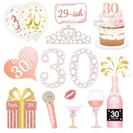 Qpout Rose Gold 30th Birthday Photo Props (32 Pieces), Birthday Party Funny Photo Booth Props for Women 30th Birthday Party Photo Booth Props Decoration Accessories, with Bamboo Sticks & Stickers