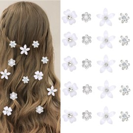 Mini Hair Pins Set, 20 Pieces Rhinestone Flower Barrettes, White Crystal Wedding Hair Accessories for Girls & Women