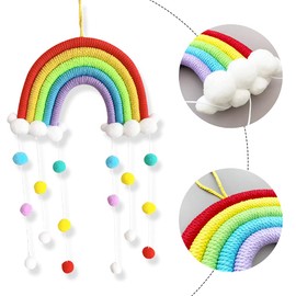 Rainbow Decor, Nursery Decor, Macrame Tapestry Wall Hanging with Felt Ball, Handmade Braided Cords Pom-Pom,Mobile, Children’s Room Bedroom Nursery Decor(Pink)