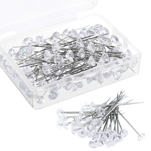 100 Pcs Head Pins Clear Corsage Pins Diamante Head Pins Flower Pins Long Wedding Bouquet Pins Crystal Pins for Bridal DIY Sewing Craft Boutonniere Decoration Celebration 40mm