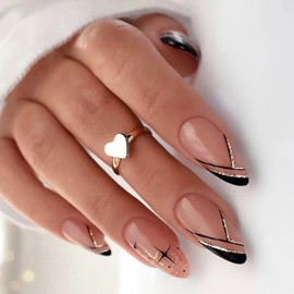 Fall Press on Nails Medium Length Almond Fake Nails French Tip False Nails with Glitter Lines Gold Foil Designs Acrylic Artificial Nails Black Nail Tips Glossy Autumn Press on Nails for Women Girls