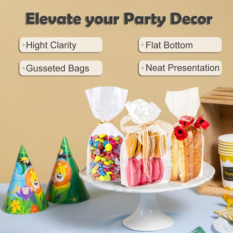 Likpikin Gusseted Cellophane Bags, Flat Bottom Clear Bags with Thick