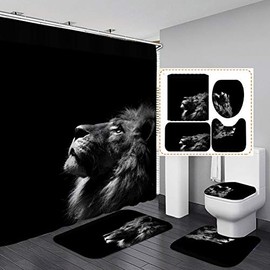 4 PCS Wild Lion Shower Curtain Sets with Non-Slip Rugs and Toilet Lid Cover Black Majestic Forest King Bath Decor Shower Curtains 72"x 72" with 12 Hooks Durable Waterproof for Bathroom