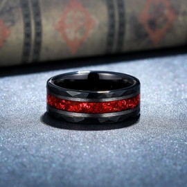 Reseldda 8mm Synthetic Ruby Tungsten Engagement Wedding Bands for Men, Black Gold Mens Tungsten Carbide Rings Edge Hammered Polished, Retro Art Deco Red July's Birthstone Promise Rings for Him Size 12