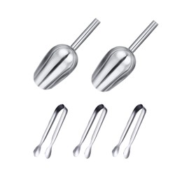 3Pcs Ice Tongs and 2Pcs Stainless Steel Measuring Scoops, Serving Tongs Food Scoops Set for Ice Coffee Bucket Bar Kitchen Wedding Birthday Party