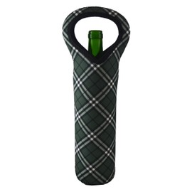 Wine Bodies Insulated Neoprene Bottle Tote Bag Featuring Green Plaid Design