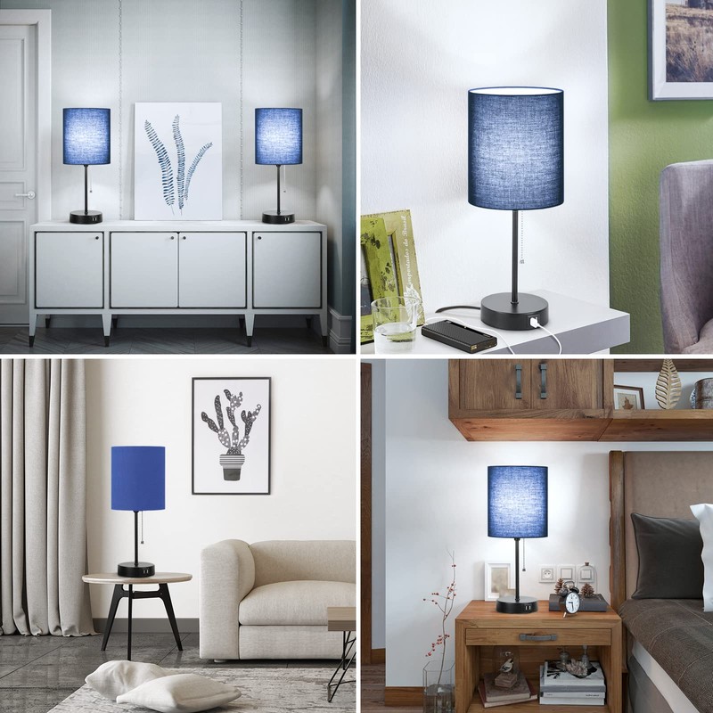 Table Lamps Set of 2 with USB Charging Ports, Blue