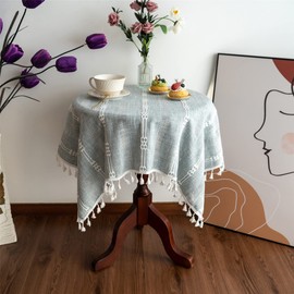 Gernaice Rustic Stripe Embroidered Tablecloth Small Square Tassel Cotton Linen Table Cloth Wrinkle Free Washable Table Cover for End Bedside Coffee Teapoy Table Tea Trolley Grey 36x36 Inch (90x90 CM