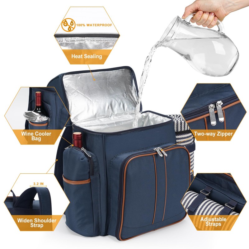 Picnic Backpack for 4,Picnic Basket Set,Leakproof Picnic Bag,Beach Cooler Backpack