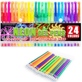 HUJUGAKO 48 Pack Neon Gel Pens, 24 Colored Gel Pen with 24 Refills,40% More Ink Write Smooth for Adults Coloring Books Drawing Doodling Scrapbooks Bullet Journaling