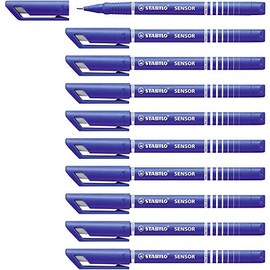 Stabilo Set of 10 Sensor Fineliner Pens 0.3 mm Felt Nib Blue