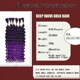Deep Wave Bulk hair for Braid No Weft Deep Wave Bulk hair for Braiding Micro Faux Braiding Hair for Boho Braids Wet and Wave 20Inch,#1BPurple 6Bundles