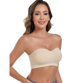ANGOOL Strapless Bras for Women Wirefree Non-Slip Tube Top Invisible Bralette Seamless Padded Bandeau Bra, Beige, XL