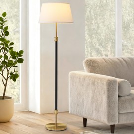 ZenGlimmer Modern Mid Century Floor Lamp with Soft Linen Shade, 63” Tall Black & Brass Standing Lamp, Weighted Base, Warm Ambient Light for Living Room, Bedroom & Reading Corners (Black & Gold)