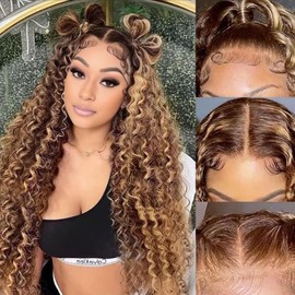 Highlight Curly Wig Human Hair 26 Inch 13x4 Deep Wave HD Lace Front Wigs Human Hair 4/27 Colored Deep Curly Lace Frontal Wigs C Part Wig for Woman Pre Plucked with Natural Hairline 220% Density