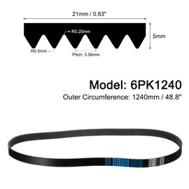 sourcing map 6K488/6PK1240 Serpentine Belt 6 Ribs 1240mm Length x 21mm Width x 5mm Height, EPDM Poly V Belt, Multi Wedge Micro V Belt for Vehicle