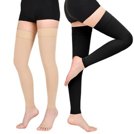 Wegitcs 2 Pairs Thigh High Compression Stockings for Women Men, 20-30mmHg Footless Graduated Compression Socks, Medical Support Sock for Varicose Veins,Edema,Post-Surgery,Sports (Beige&Black, X-Large)