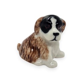 WitnyStore Tiny 1⅛" Brown White Sit Look Right Saint Bernard Pup Dog Figurine - Miniature Hand Made Painted Ceramic Dogs Puppy Canine Animals Cute Porcelain Decorative Collectible Figures Décor Gifts