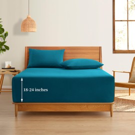 Horbaunal Extra Deep Pocket King Fitted Sheet Only - Fits Up to 24 Inch Mattress - Luxury 1800 Thread Count - Microfiber Teal Fitted Bed Sheet King Size