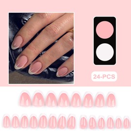 24PCS French Tip Almond Press on Nails,Cute Medium Oval False Nails with White Edge Design,Nude Coffin Fake Nails,Glossy and Full Cover Acrylic Nails for Women or Girls