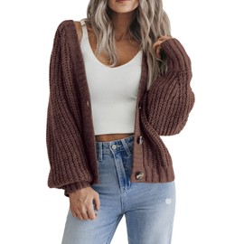 Zeagoo Women Long Sleeve Open Front Chunky Knit Cardigan Casual V Neck Button Sweaters (XS-XL Brown
