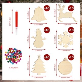 NACHLYNN 60pcs Christmas Wooden Ornaments Unfinished Wooden Slices with Colorful Bells，Watercolor Pen for Christmas Hanging Decoration (Triangle)