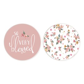 So Very Blessed Floral Pink 2.75 x 2.75 Absorbent Ceramic Car Coasters Pack of 2