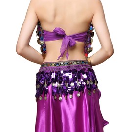 Belly Dance Hip Scarf Belt Women's Belly Dance Costume Hip Scarf with Coins Belt Skirts, purple