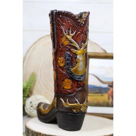 Western Deer Antlers Horseshoe Floral Scroll Cowboy Cowgirl Boot Vase Figurine