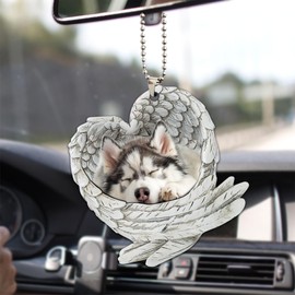 Talataca Husky Sleeping Angel Wing Memorial Dog 2D Flat Car Rear View Mirror Accessories Christmas Tree Ornament Decoration Hanging Charm Interior Rearview Pendant Decor Gift