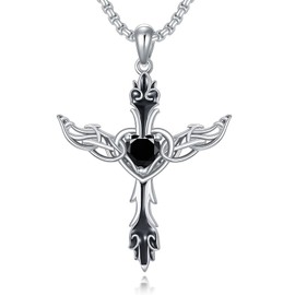 WINNICACA Cross Necklace Sterling Silver Gothic Angel Wings Pendant Necklaces with Black Heart Agate Cross Jewelry Anniversary Birthday Gifts for Men Father Boyfriend Son