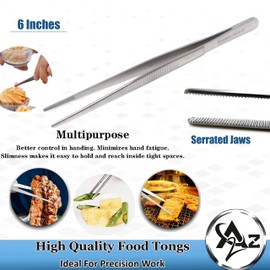 6 Inch Professional Culinary Stainless Steel Precision Tongs with Serrated Tips, Plating/Food Presentation Detailing Serving Tongs, Chef's Kitchen Tweezer Tongs - Ultra Non-Slip Grip