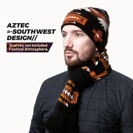 NU TRENDZ Cuffed Beanie for Men Women (White Buffalo), Indian Winter Black Knitted Hat Skull Cap, Soft Stretch Stocking Caps Southwest Beanie