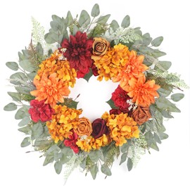 Kmise 26” Fall Wreaths for Front Door, Glamorous Rose Wreaths with Hydrangea Dahlia for Indoor and Outdoor Home Harvest Thanksgiving Décor