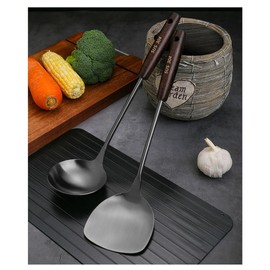 Zicojia Wok and Ladle 14 Inches Fit for Wok, 304 Stainless Steel Wok 1Set