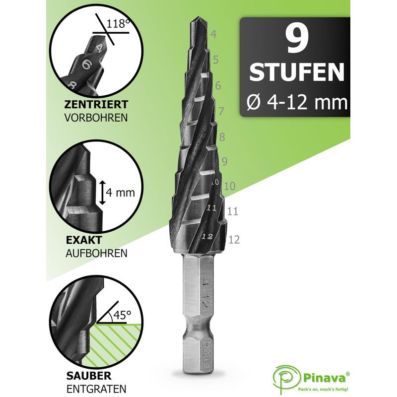 Pinava Step Drill HSS Cobalt Pro 4XSPIRAL [Faster, Precise, Durable]