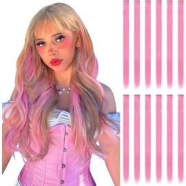 12 PCS Pink Hair Extensions Clip in, Party Highlights Clip in Hair Extensions 22 Inch Long Straight Hairpieces for Girls Kids Women Favor Gifts (Pink)