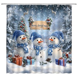 Christmas Snowman Shower Curtain Cute Snowman Pine Tree Forest Snowflake Blue Nature Winter Holiday Merry Christmas Festival Fabric Bathroom Decor Curtain with Hooks,70Wx70H Inches
