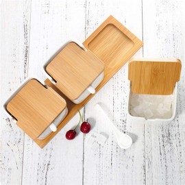 Lucky Goddness Porcelain Sugar Bowl Condiment Jar-Ceramic Flip Top Spice Container with Bamboo Lids and Spoons,for Kitchen Home
