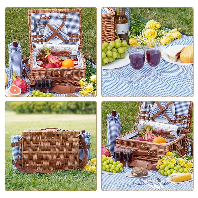 Picnic Basket for 2, Insulated Willow Picnic Baskets with Shoulder
