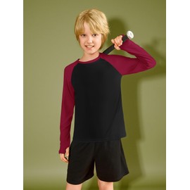 Boys Athletic Long Sleeve Raglan T-Shirts Kids Quick Dry Colorblock Tops with Thumb Holes Red