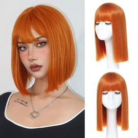 JSDshine Orange Bob Wig With Bangs - Heat Resistant 14Inch Synthetic Hair, Short Straight Shoulder Length Natural-Looking Cosplay Wig for Daily Use, Parties & Women Girls