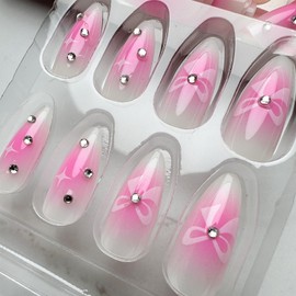 Pink Press on Nails Short Medium Almond Fake Nails with Love Heart Bow Designs Glitter Rhinestones Acrylic Nails Nude Reusable Jelly Glue on Nails Shiny Star False Nails for Women Charm Manicure 24Pcs